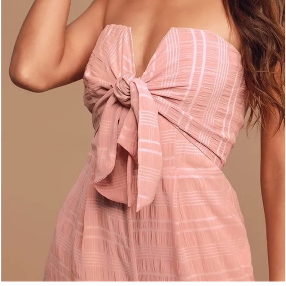 Lulus Perfect Weekend Mauve Strapless Tie-Front Wide-Leg Jumpsuit, size medium - Picture 7 of 13